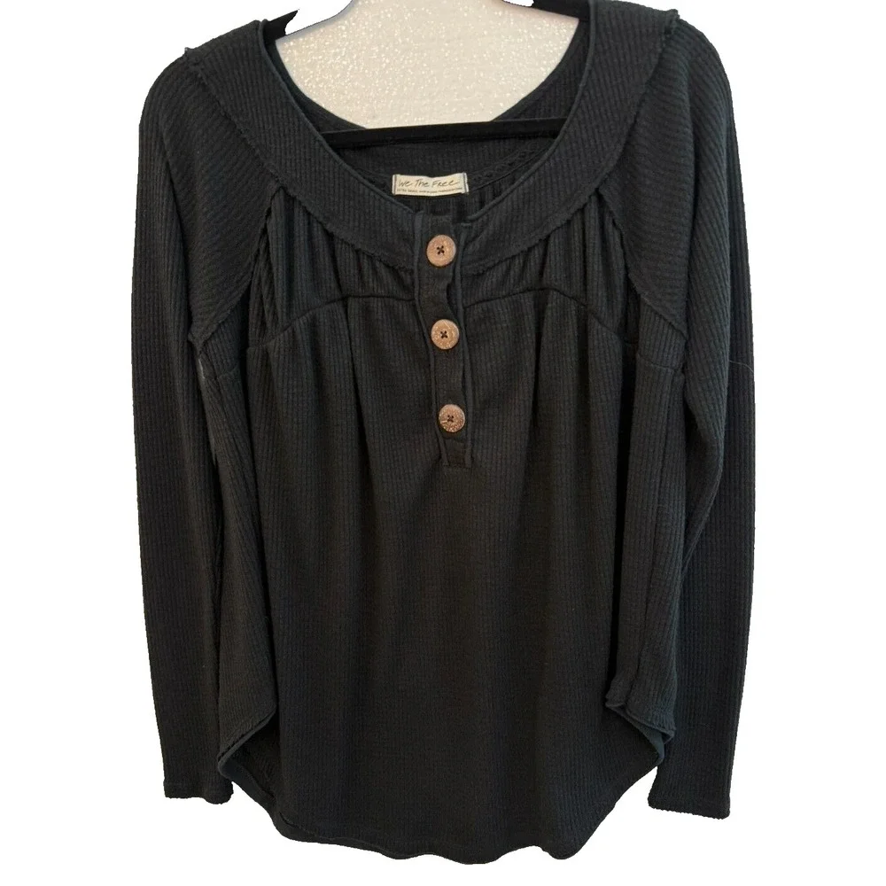 Free People Size XS Black Long Sleeve Callisto Henley Waffle Knit‎ Tunic Top